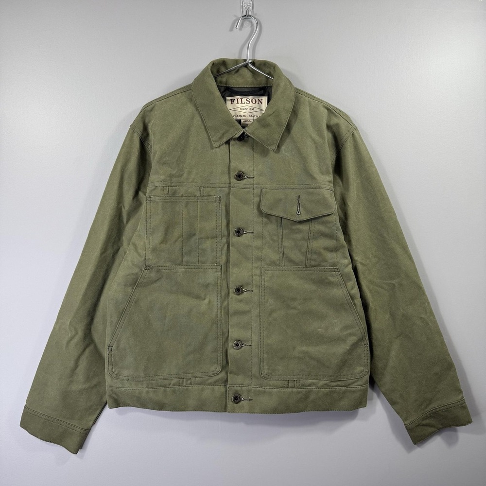 Filson Wax Jacket Mens Medium Green Canvas Button Front Utility Field Workwear